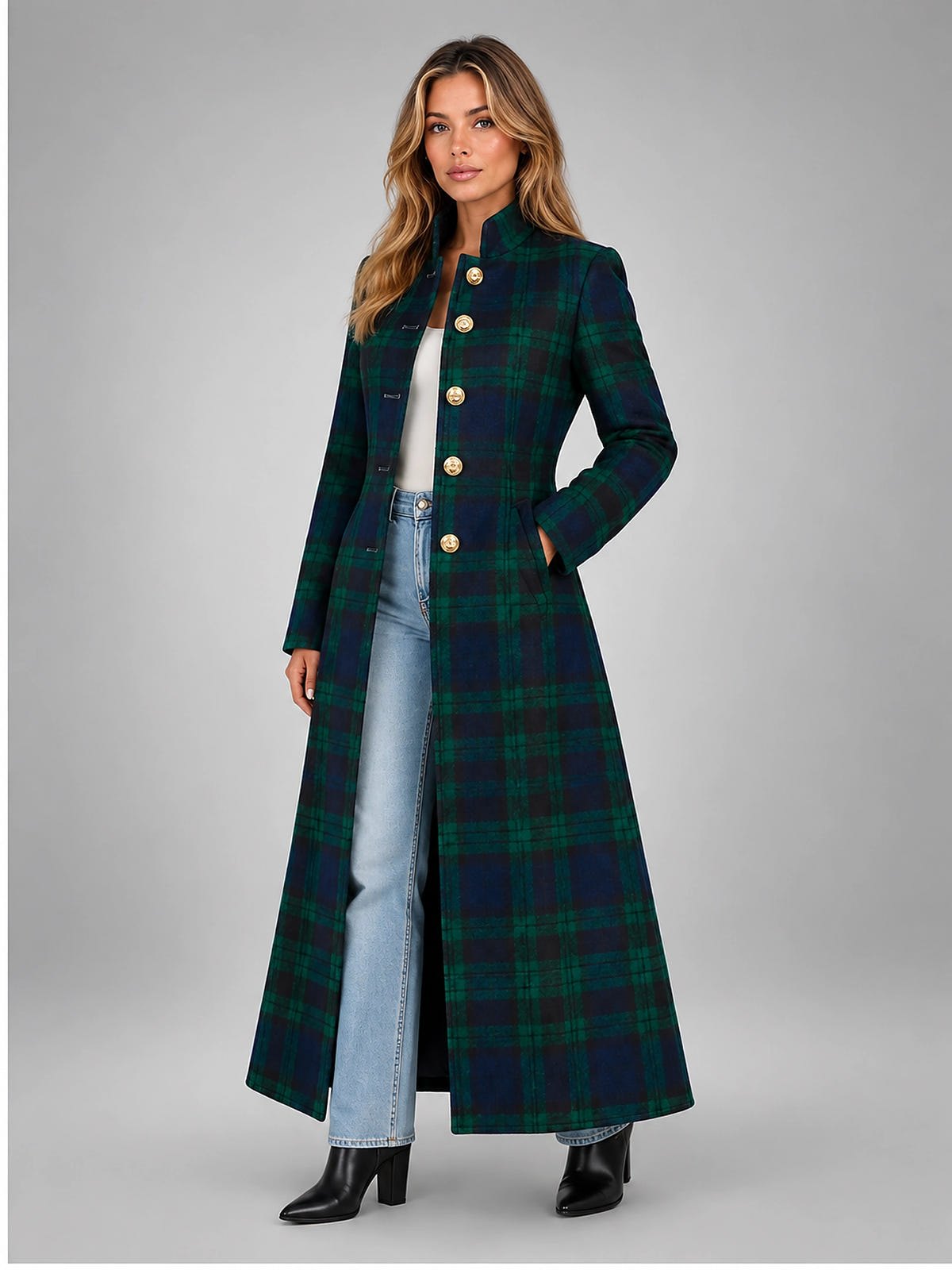 Women's Plaid Coat – Long Military Style - Green/Navy
