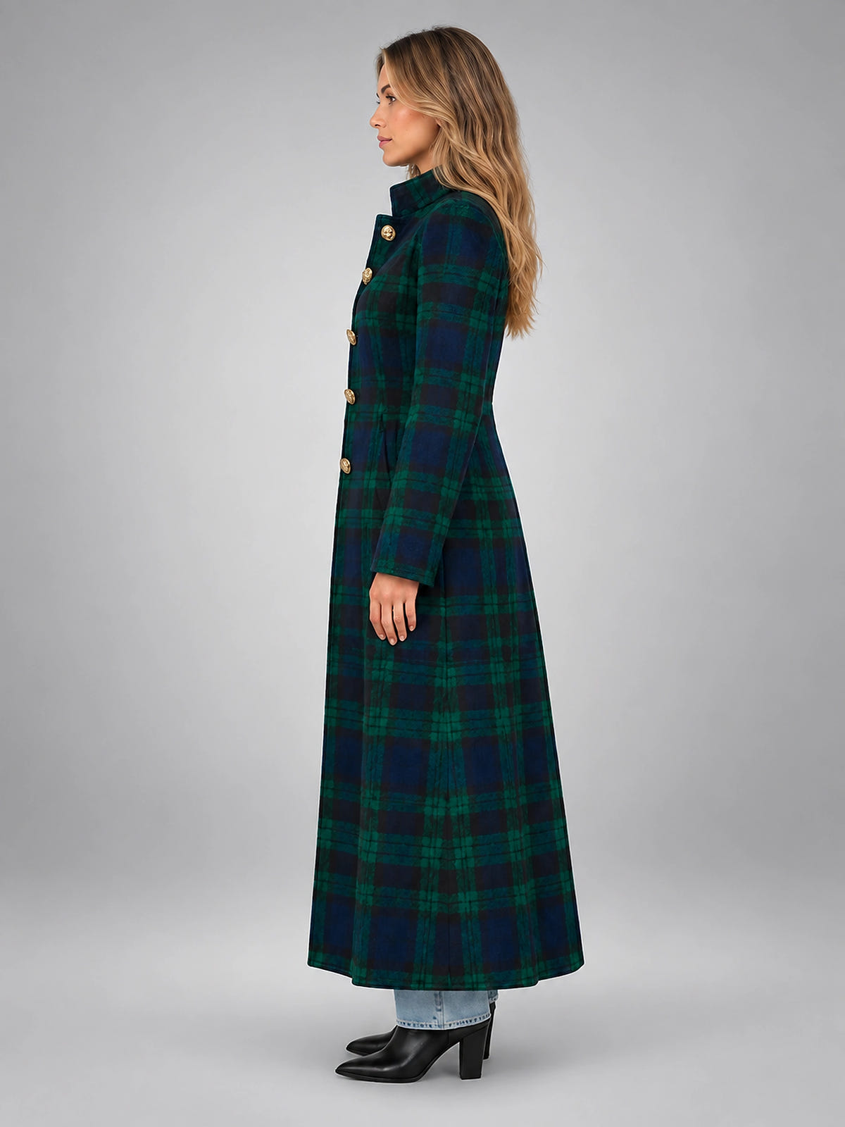 Women's Plaid Coat – Long Military Style - Green/Navy