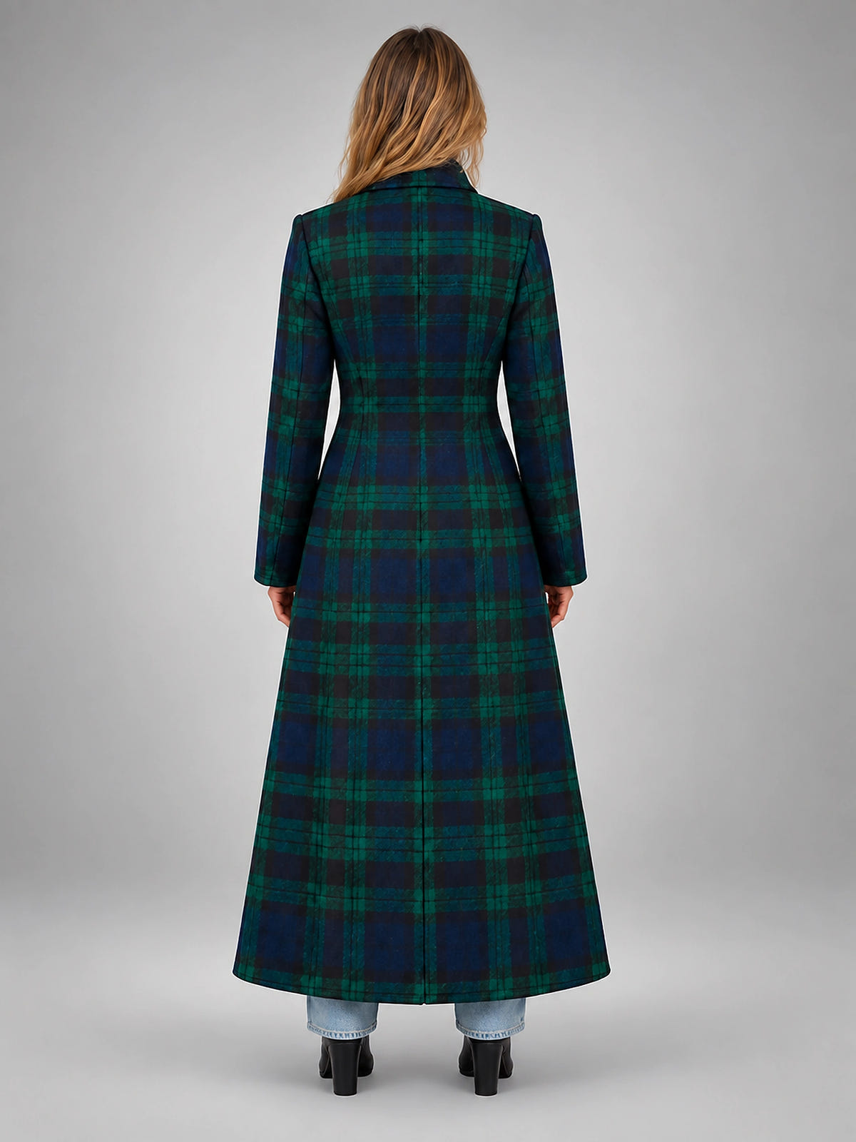 Women's Plaid Coat – Long Military Style - Green/Navy