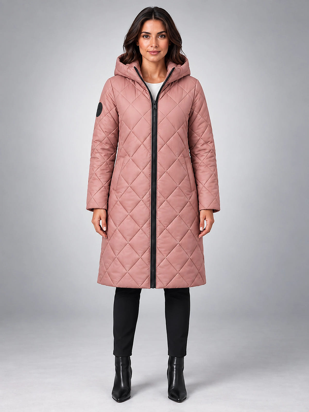 Women's Diamond Quilted Coat – Longline Hooded - Dusty Rose