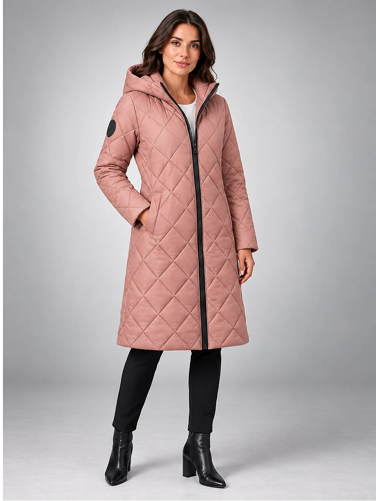 Women's Diamond Quilted Coat – Longline Hooded - Dusty Rose