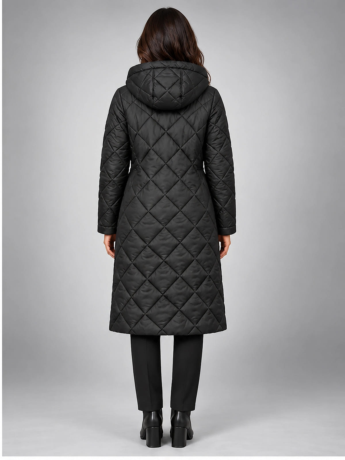 Women's Diamond Quilted Coat – Longline Hooded - Black