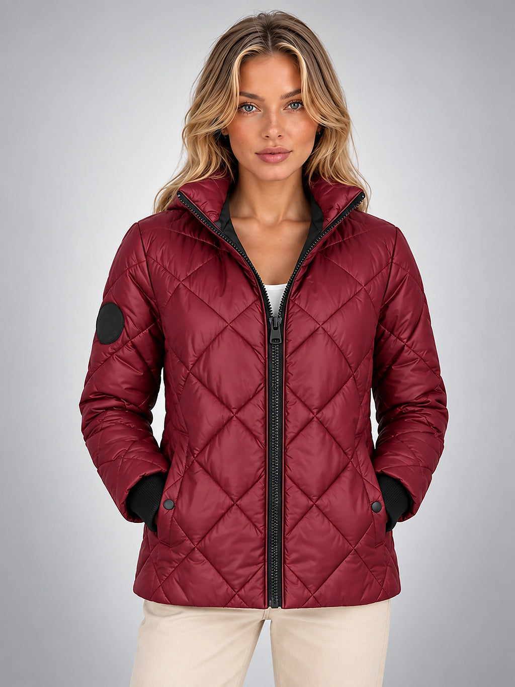 Women's Diamond Quilted Jacket – Short Hooded - Burgundy