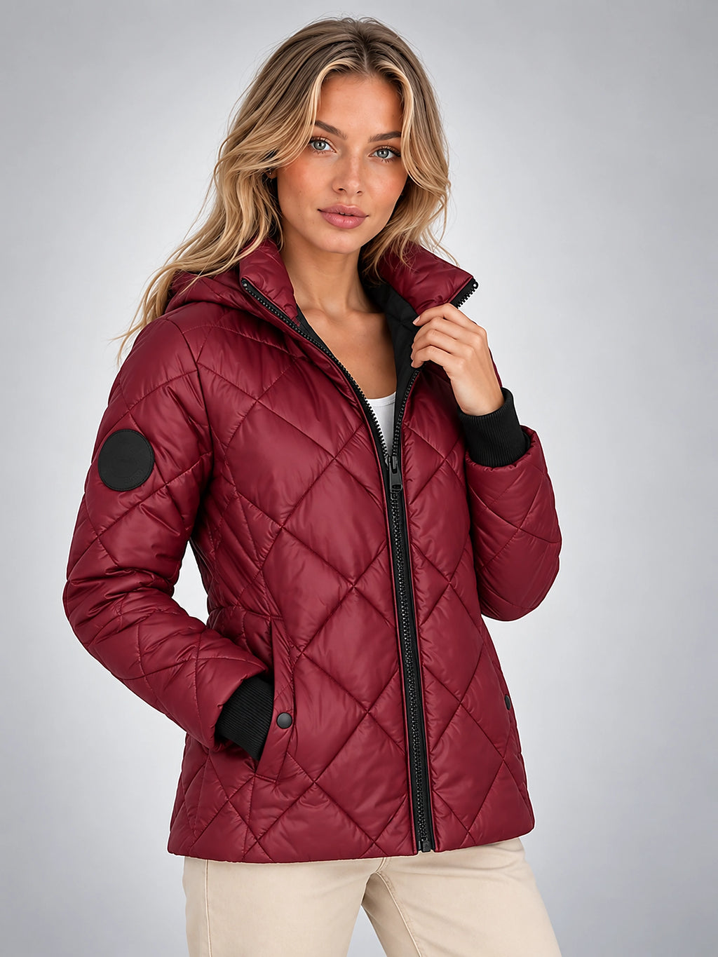 Women's Diamond Quilted Jacket – Short Hooded - Burgundy