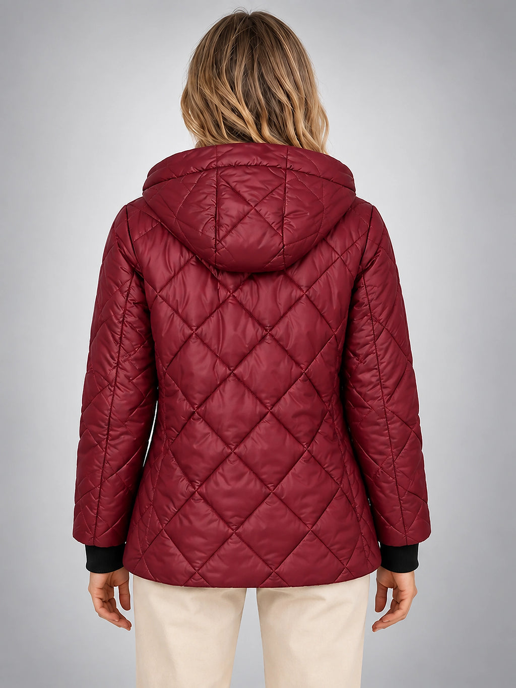 Women's Diamond Quilted Jacket – Short Hooded - Burgundy