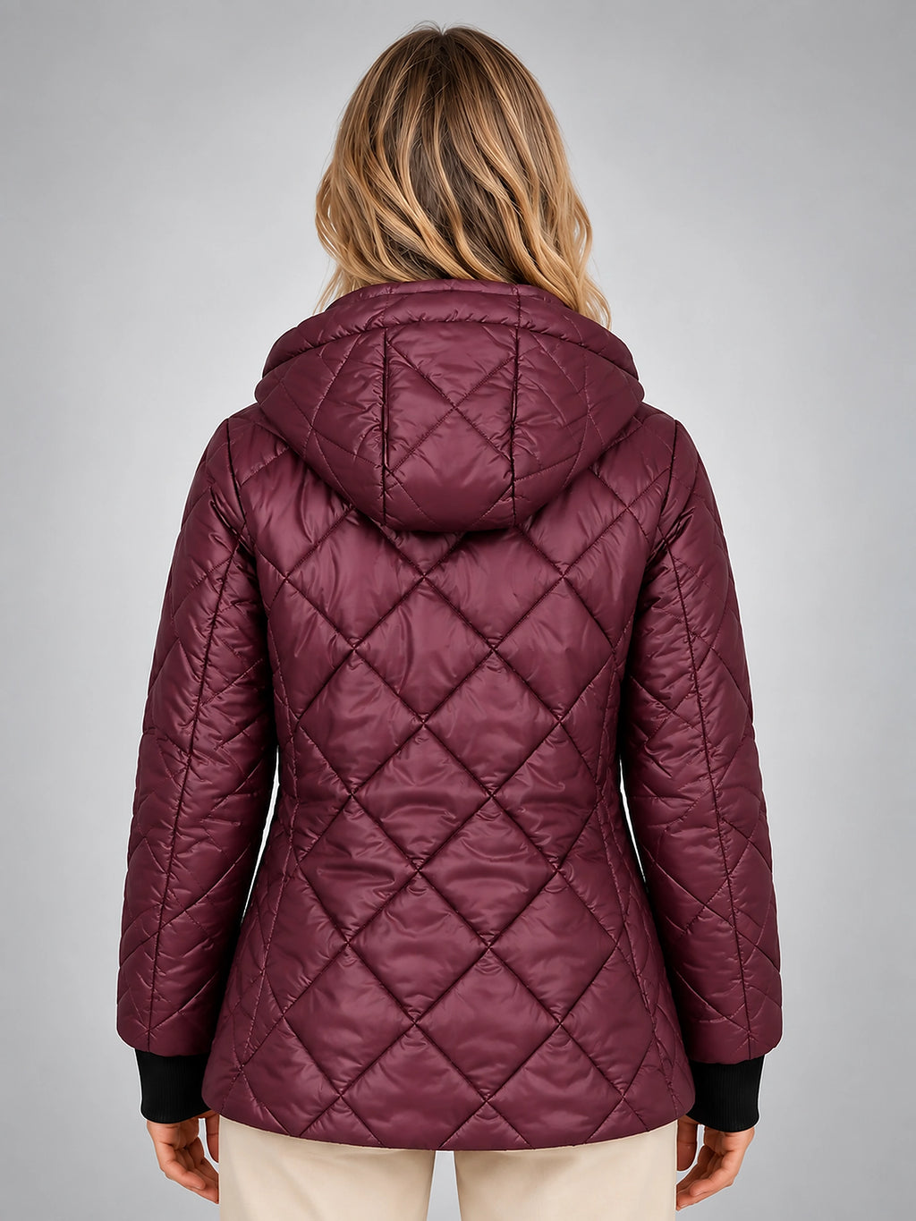 Women's Diamond Quilted Jacket – Short Hooded - Plum