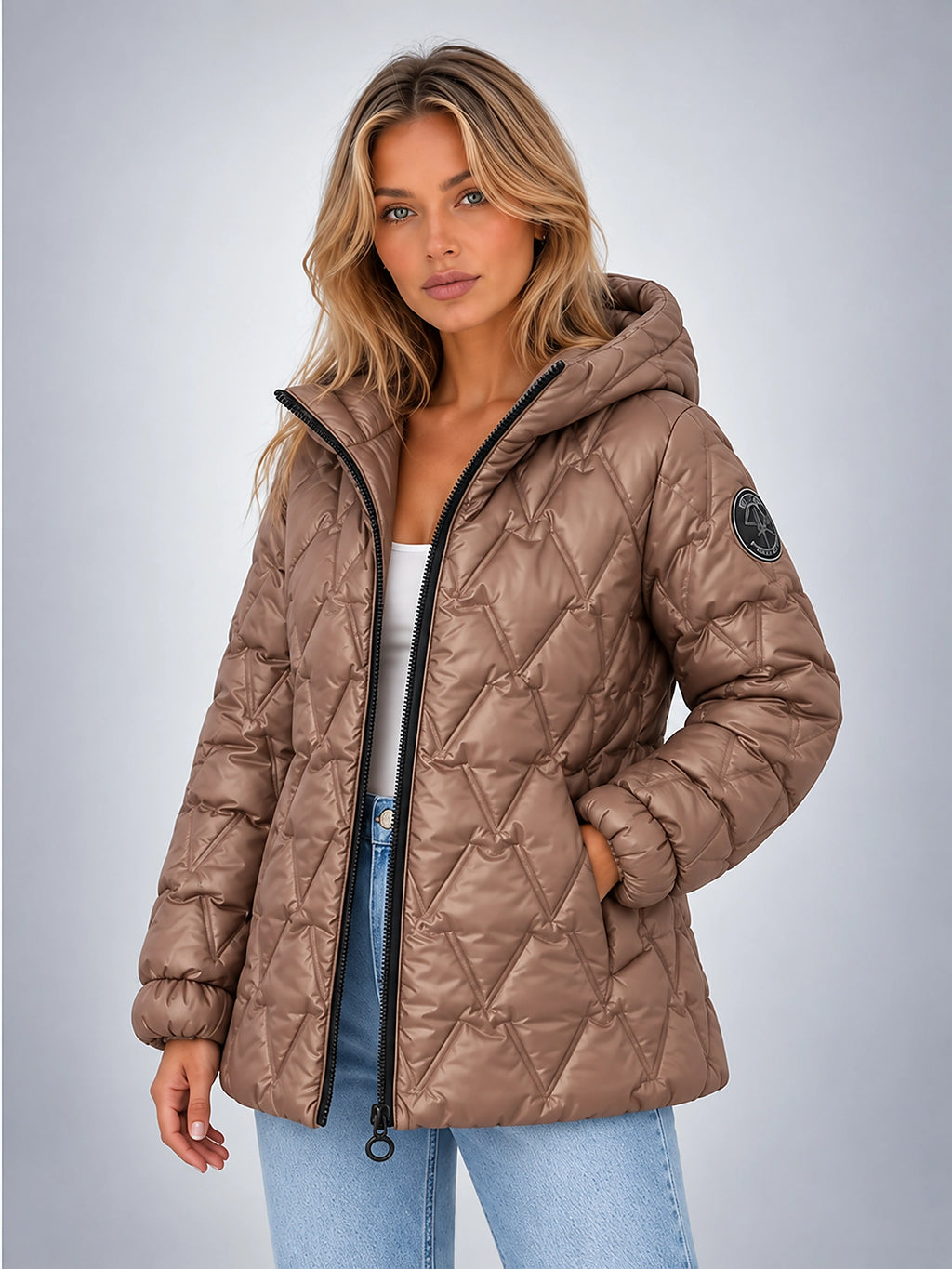 Women's Star Quilted Jacket – Glossy Hooded - Taupe