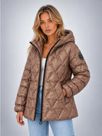 Women's Star Quilted Jacket – Glossy Hooded - Taupe