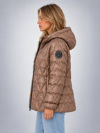 Women's Star Quilted Jacket – Glossy Hooded - Taupe