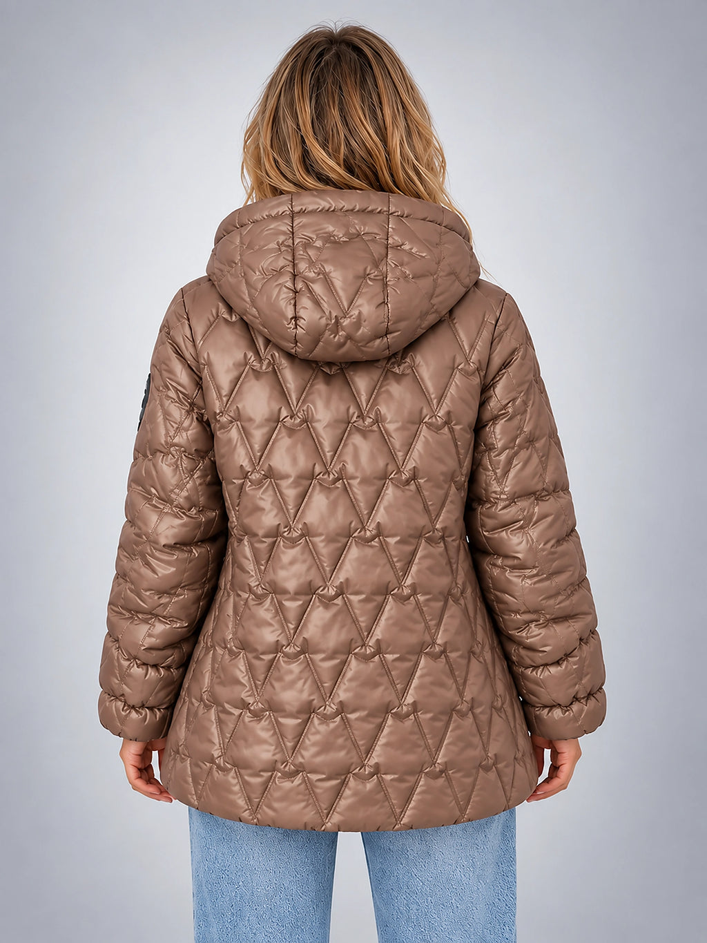 Women's Star Quilted Jacket – Glossy Hooded - Taupe