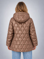 Women's Star Quilted Jacket – Glossy Hooded - Taupe