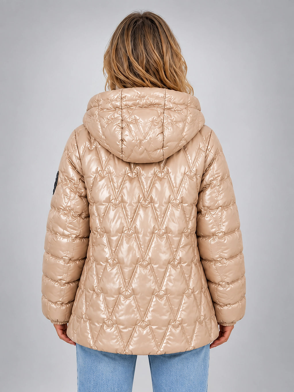 Women's Star Quilted Jacket – Glossy Hooded - Champagne
