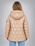 Women's Star Quilted Jacket – Glossy Hooded - Champagne
