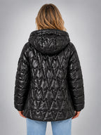 Women's Star Quilted Jacket – Glossy Hooded - Black