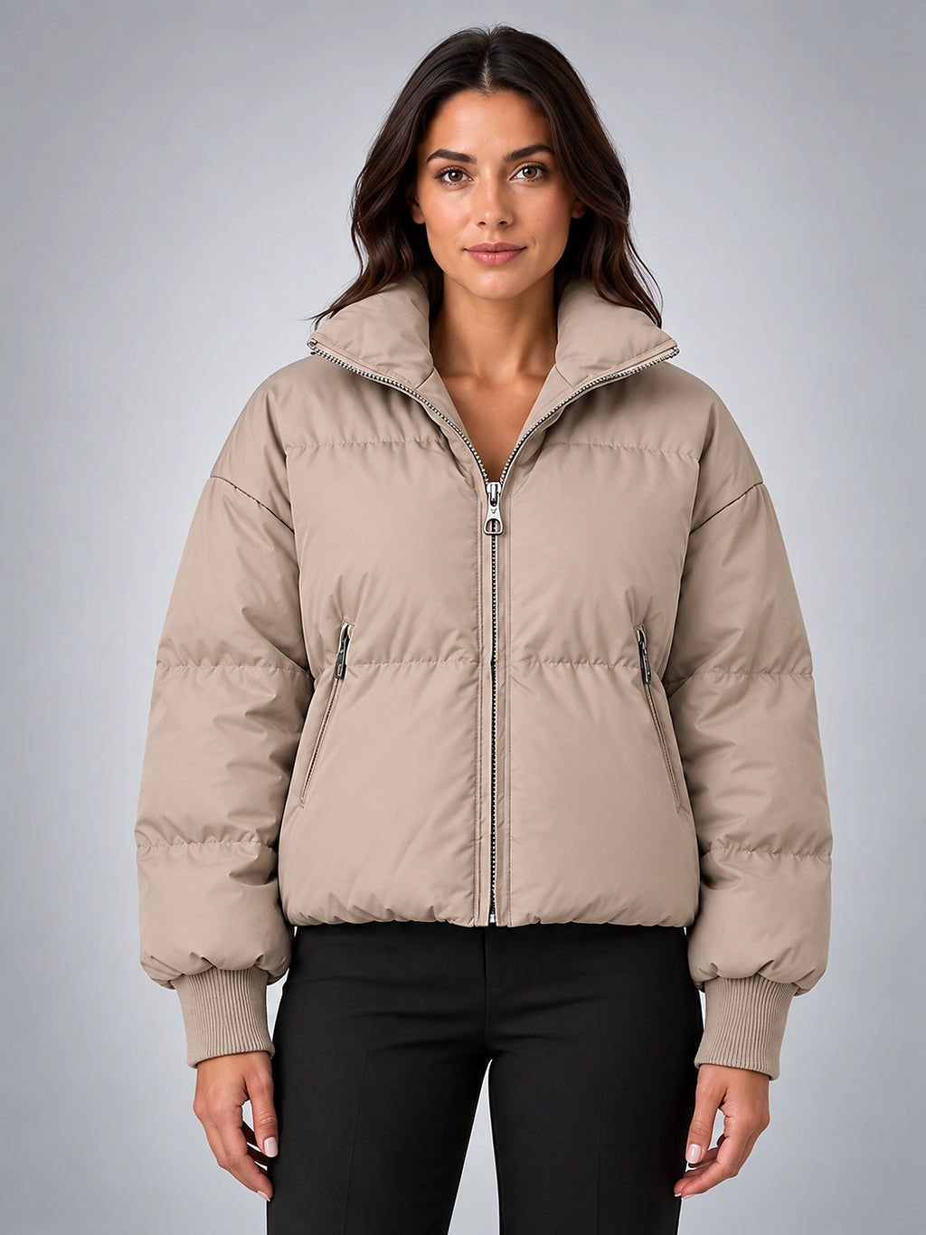 Women's Cropped Puffer Jacket – Funnel Neck Collar - Taupe