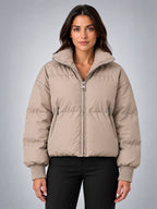 Women's Cropped Puffer Jacket – Funnel Neck Collar - Taupe