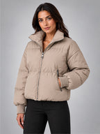 Women's Cropped Puffer Jacket – Funnel Neck Collar - Taupe