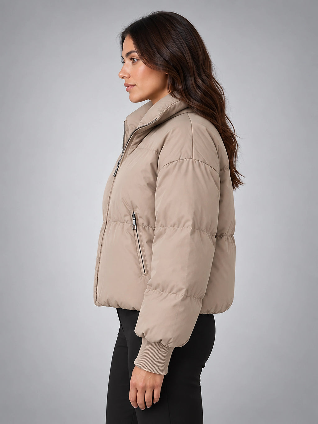 Women's Cropped Puffer Jacket – Funnel Neck Collar - Taupe