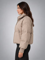 Women's Cropped Puffer Jacket – Funnel Neck Collar - Taupe