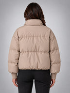 Women's Cropped Puffer Jacket – Funnel Neck Collar - Taupe
