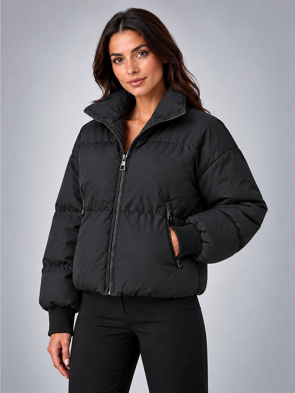 Women's Cropped Puffer Jacket – Funnel Neck Collar - Black
