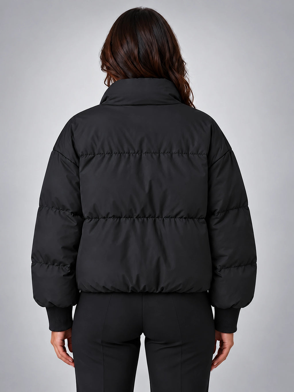 Women's Cropped Puffer Jacket – Funnel Neck Collar - Black