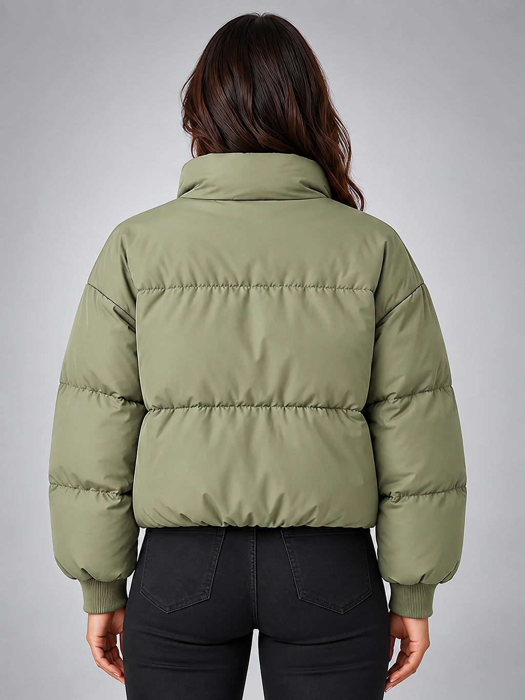 Women's Cropped Puffer Jacket – Funnel Neck Collar - Sage