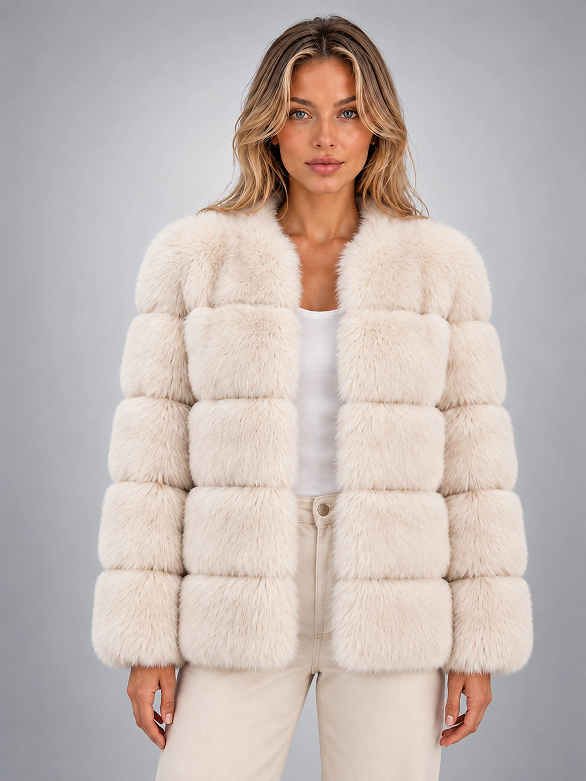 Women's Faux Fur Jacket – Paneled Design - Cream