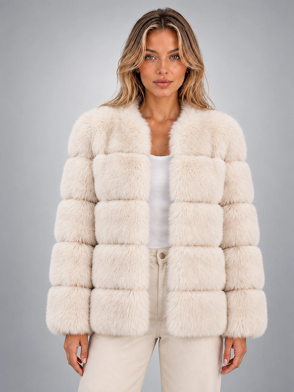 Women's Faux Fur Jacket – Paneled Design - Cream