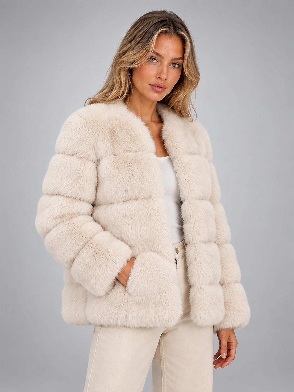 Women's Faux Fur Jacket – Paneled Design - Cream