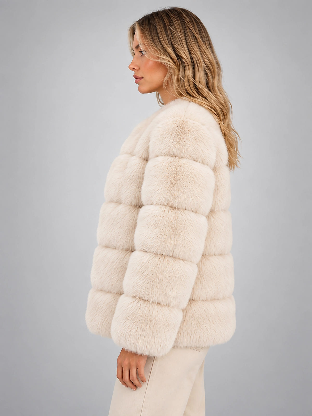 Women's Faux Fur Jacket – Paneled Design - Cream