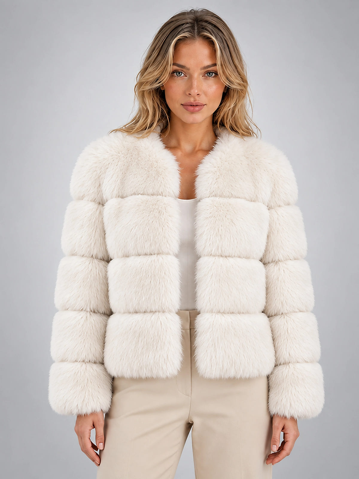 Women's Faux Fur Jacket – Paneled Design - Ivory