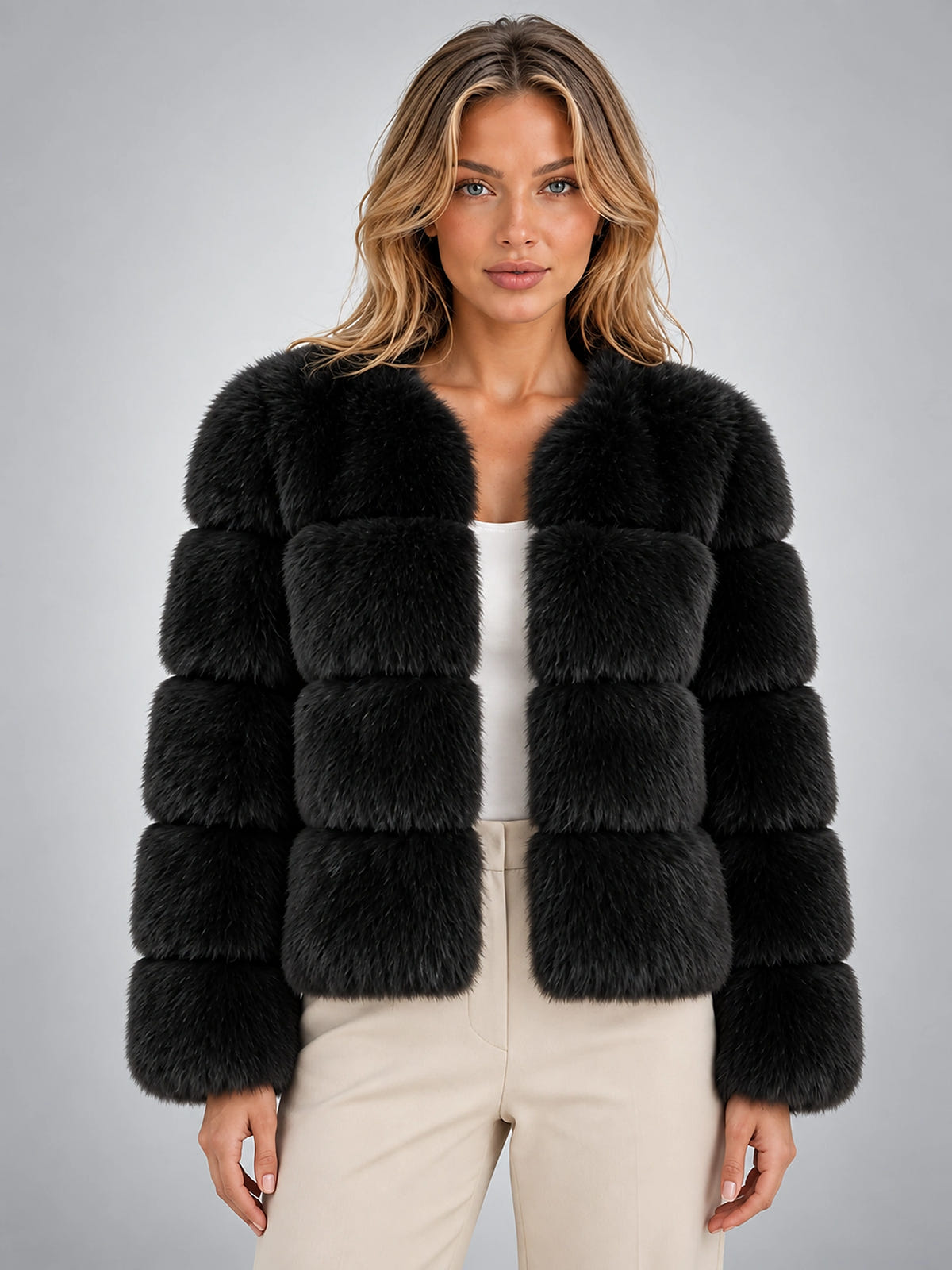 Women's Faux Fur Jacket – Paneled Design - Black