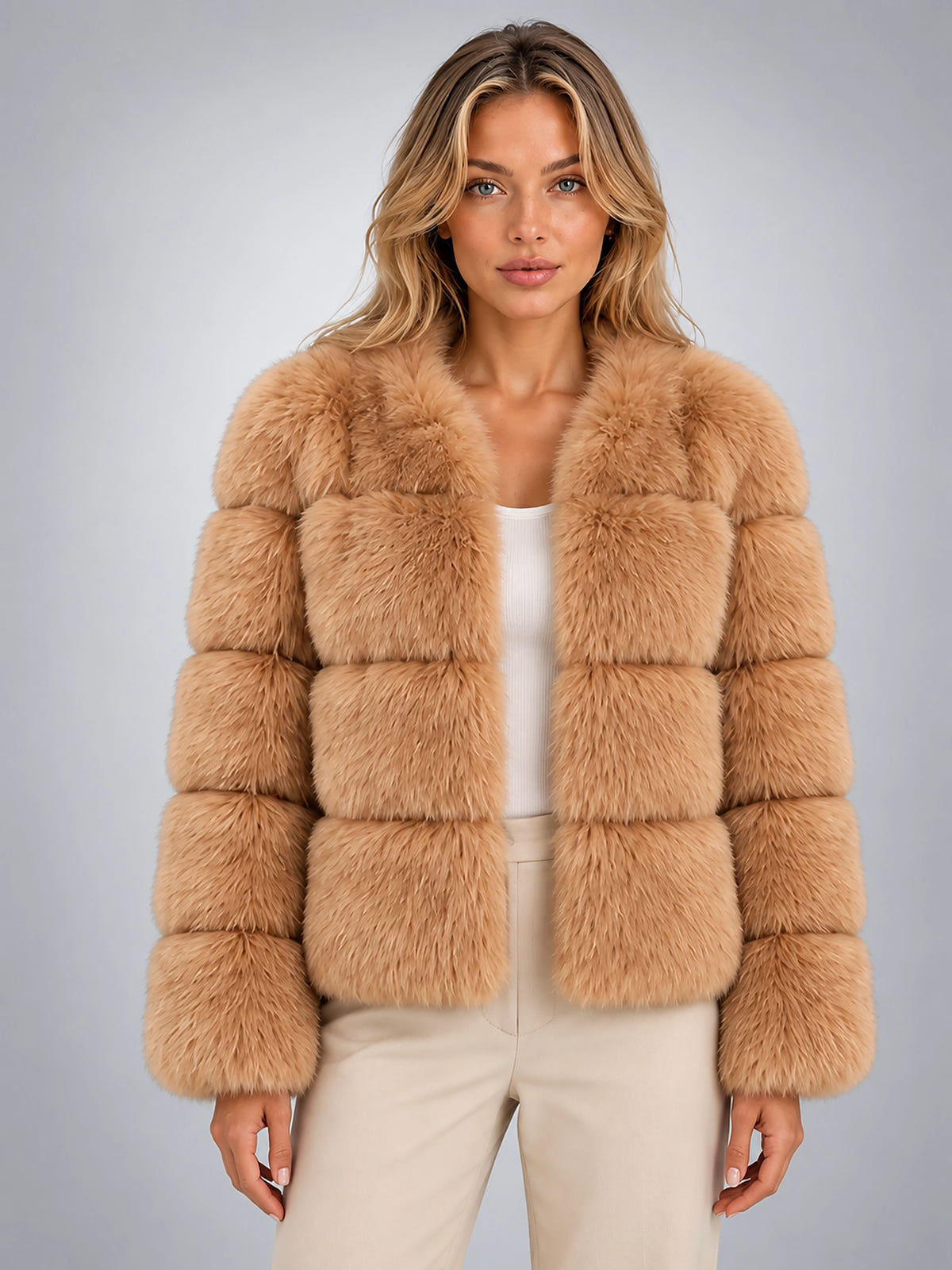 Women's Faux Fur Jacket – Paneled Design - Camel