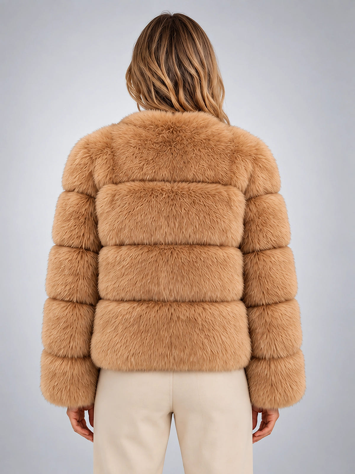 Women's Faux Fur Jacket – Paneled Design - Camel