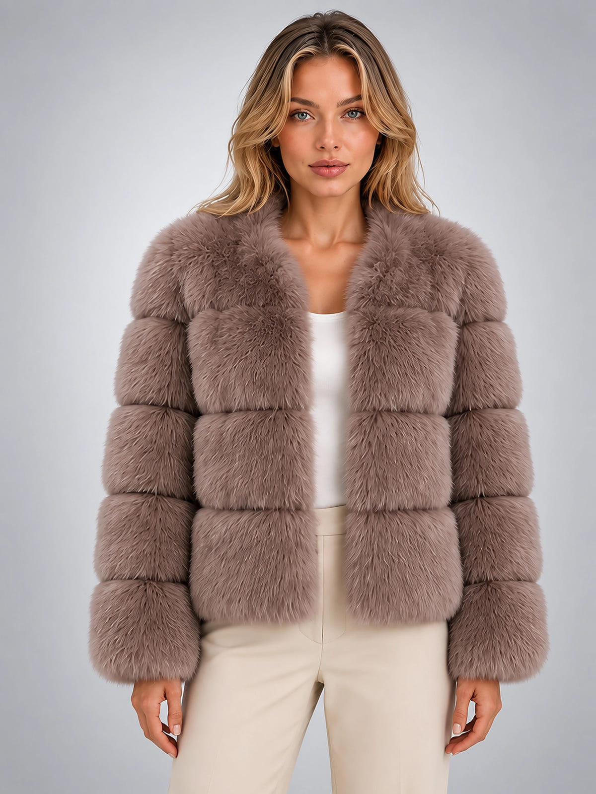 Women's Faux Fur Jacket – Paneled Design - Taupe