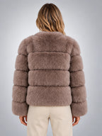 Women's Faux Fur Jacket – Paneled Design - Taupe