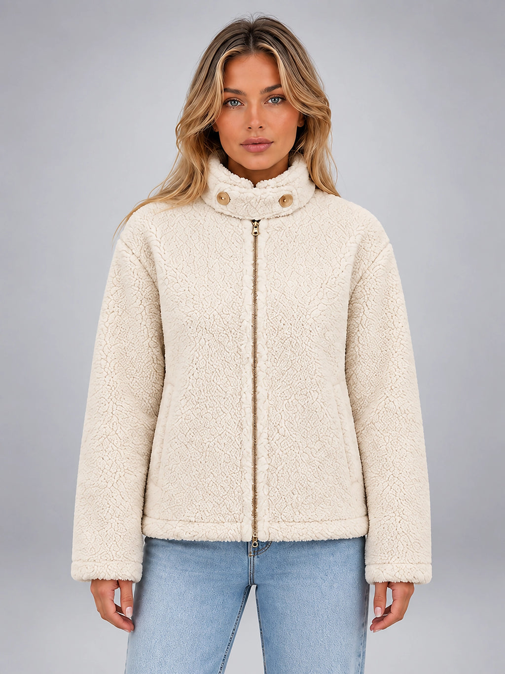 Women's Sherpa Jacket – Funnel Neck Zip Front - Ivory