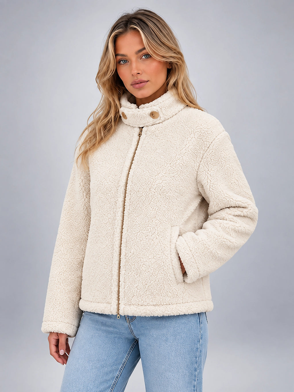 Women's Sherpa Jacket – Funnel Neck Zip Front - Ivory
