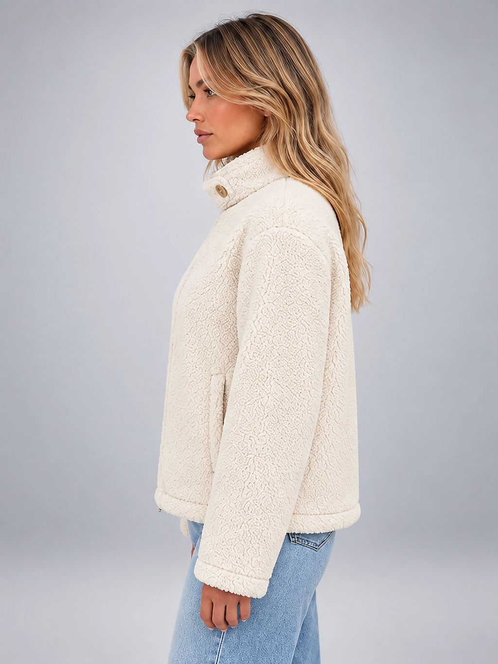 Women's Sherpa Jacket – Funnel Neck Zip Front - Ivory