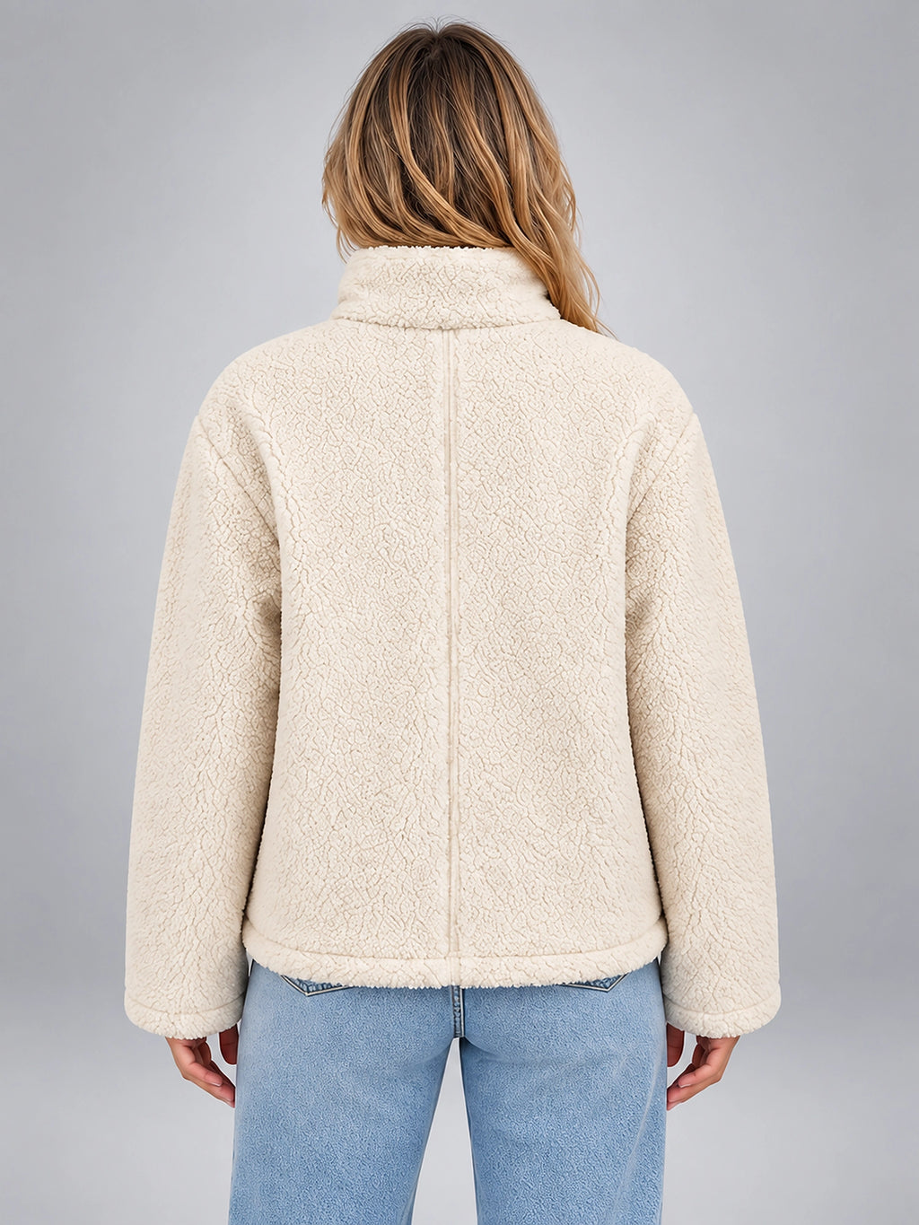 Women's Sherpa Jacket – Funnel Neck Zip Front - Ivory