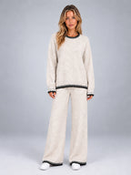 Women's Knit Lounge Set – Contrast Stitch Matching Two Piece - Ivory
