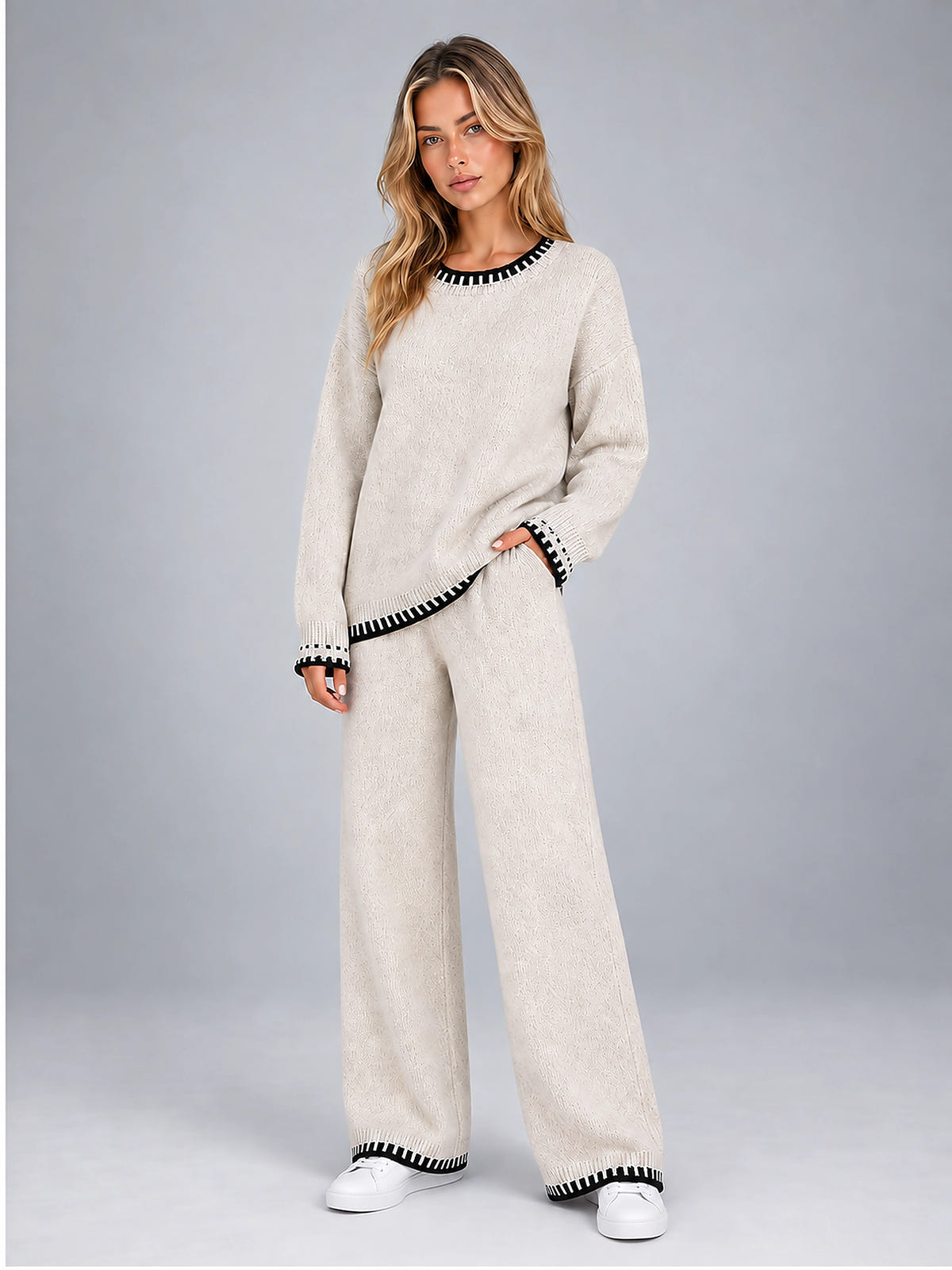 Women's Knit Lounge Set – Contrast Stitch Matching Two Piece - Ivory