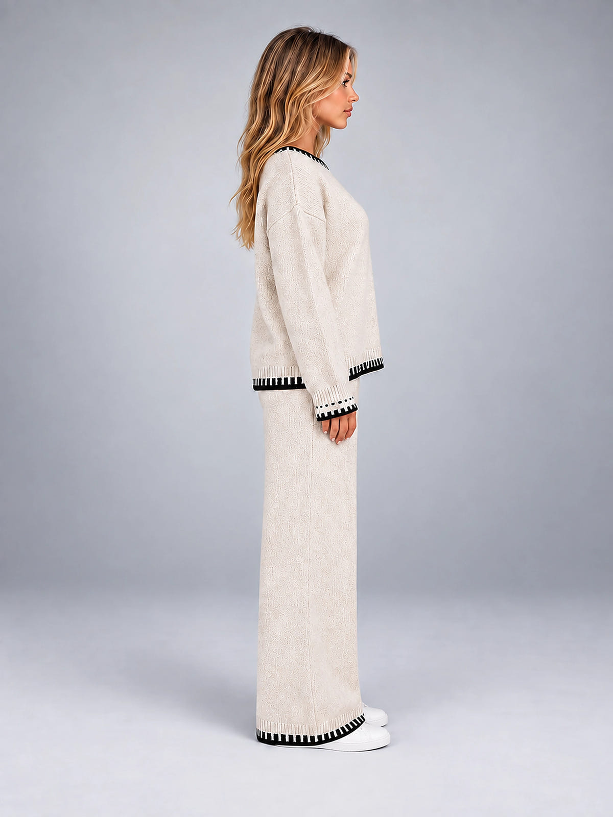 Women's Knit Lounge Set – Contrast Stitch Matching Two Piece - Ivory