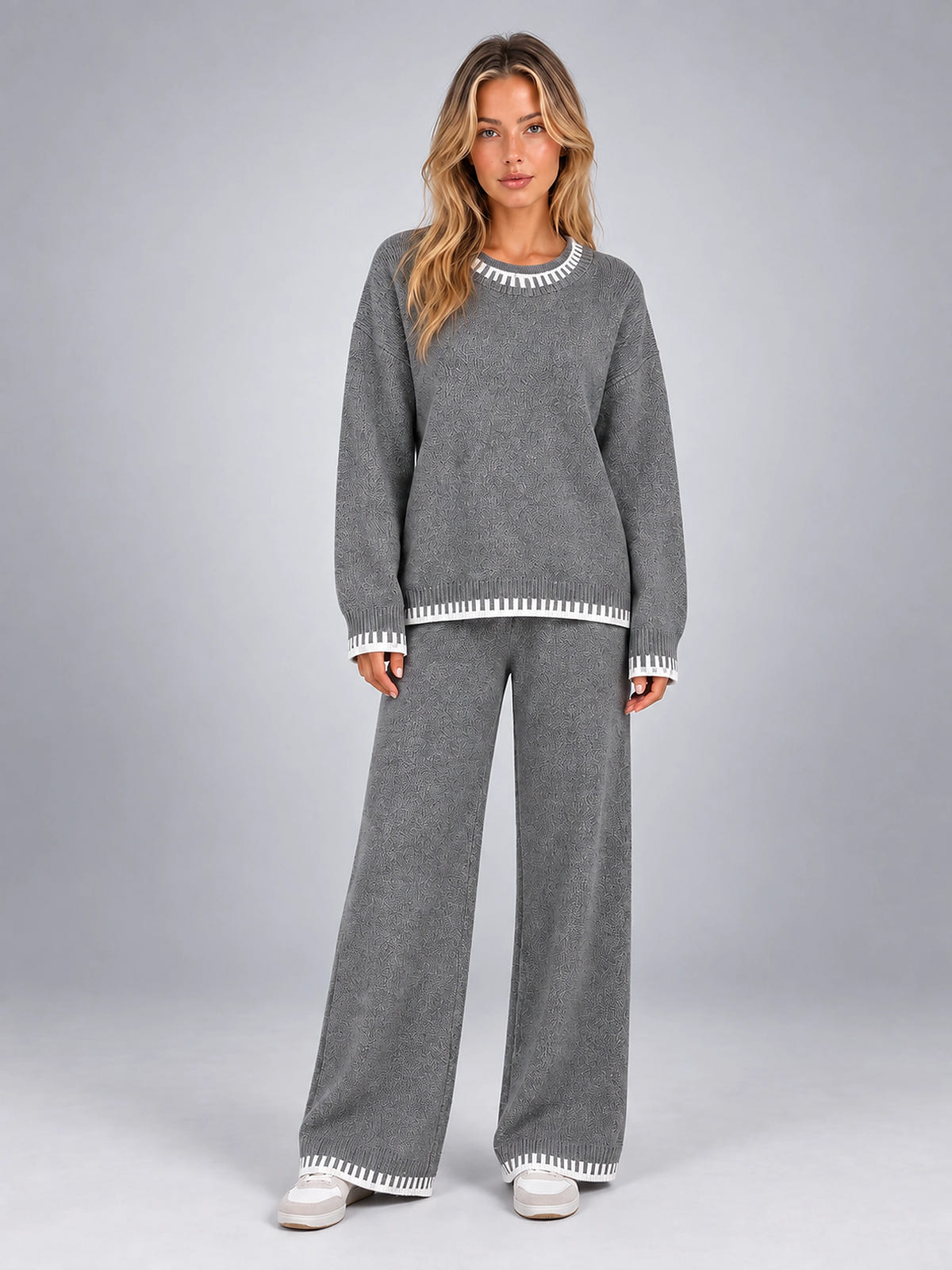 Women's Knit Lounge Set – Contrast Stitch Matching Two Piece - Gray