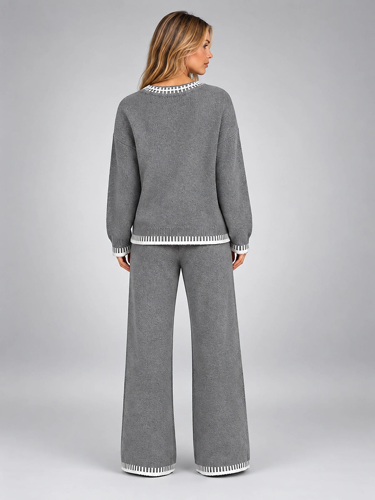 Women's Knit Lounge Set – Contrast Stitch Matching Two Piece - Gray