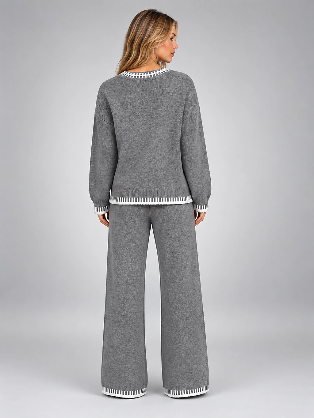 Women's Knit Lounge Set – Contrast Stitch Matching Two Piece - Gray