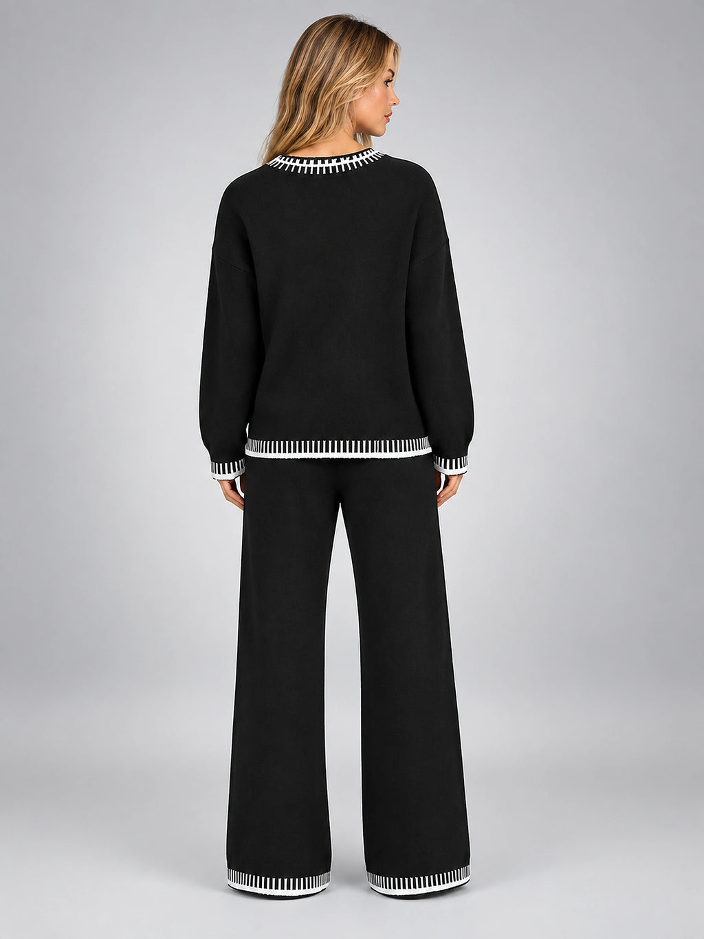 Women's Knit Lounge Set – Contrast Stitch Matching Two Piece - Black
