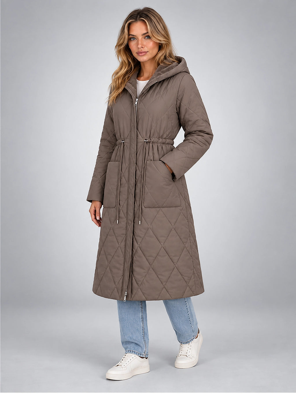 Women's Quilted Parka – Hooded Drawstring Waist - Taupe