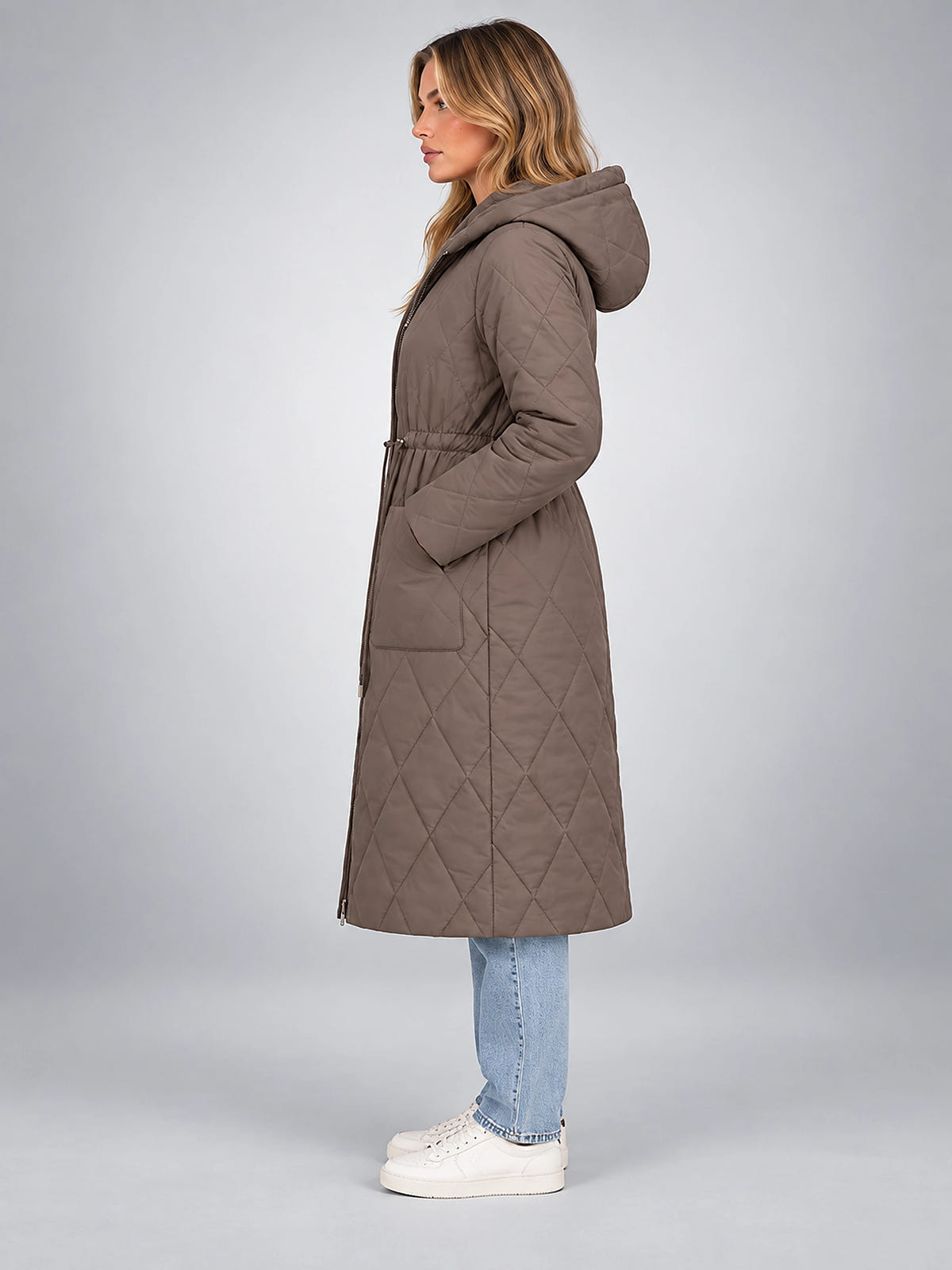 Women's Quilted Parka – Hooded Drawstring Waist - Taupe